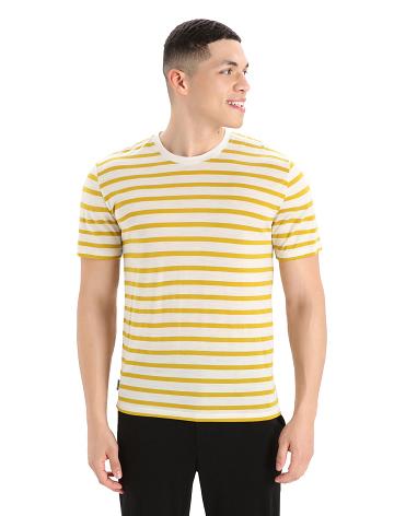 Ecru Heather / Silent Gold Men's Icebreaker Merino Drayden Short Sleeve Stripe T Shirts | USA 1185QMAZ